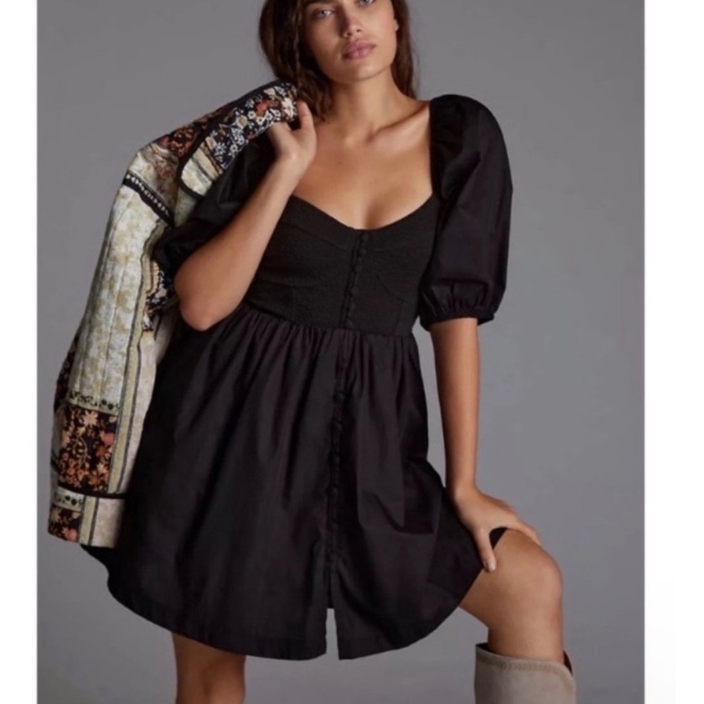 Maeve Anthropologie Black‎ Puff Sleeve Button Front Mini Dress Sweetheart Neck